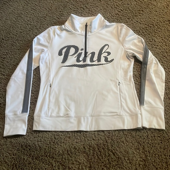 Pink Victoria Secret Ultimate long sleeve white 1/4 zip front top Ladies Sz L - Picture 1 of 14